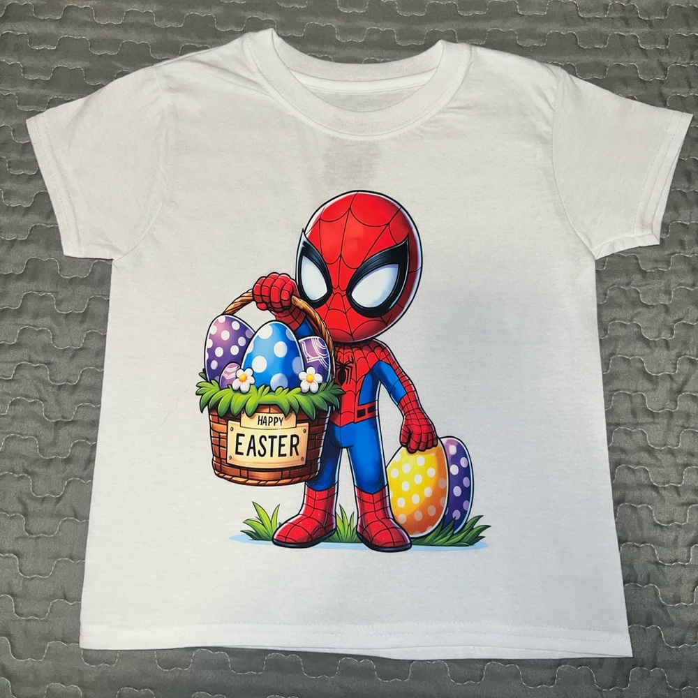 White T-Shirt with Spider-Man Easter Design